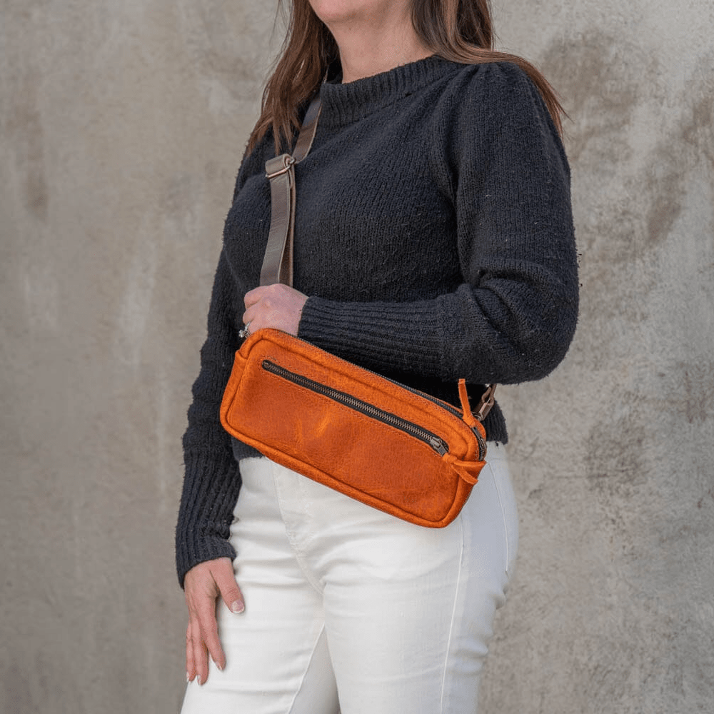 LEATHER FANNY PACK / LEATHER WAIST BAG - DELUXE - TANGERINE BISON