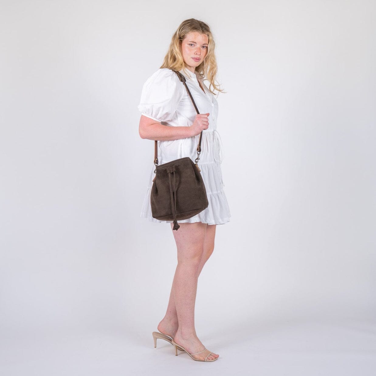 ABBY LEATHER BUCKET BAG - CHOCOLATE SUEDE - IN STOCK