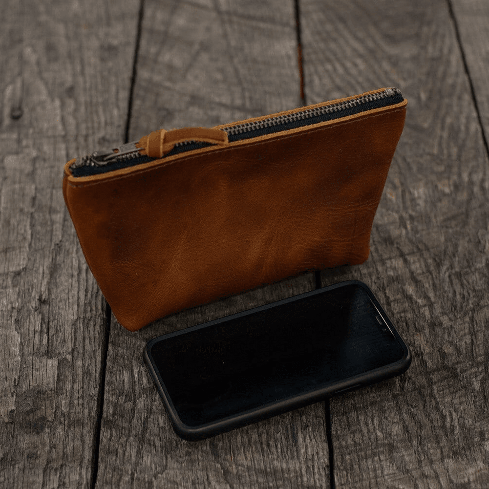 LEATHER TOP ZIPPERED POUCH - SMALL - COBALT BISON