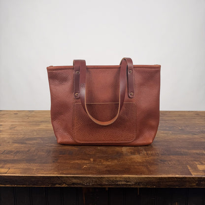 AVERY LEATHER TOTE BAG - MEDIUM  - SADDLE - ZIPPER - SMALL FRONT POCKET - IN STOCK