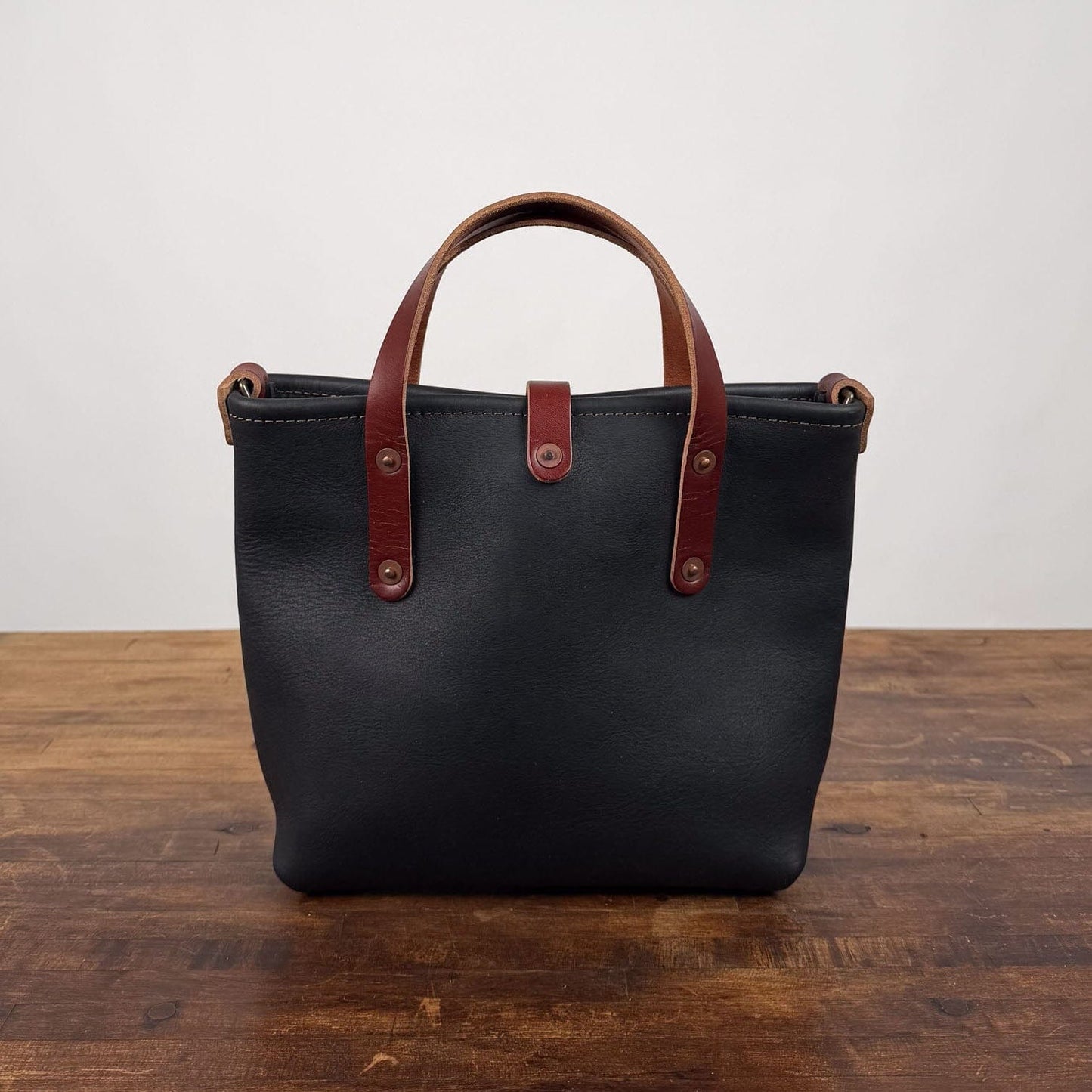 AVERY LEATHER TOTE BAG - MINI CROSSBODY - BLACK - SADDLE STRAPS - HEMMED TOP - IN STOCK
