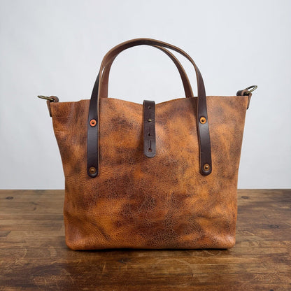 AVERY LEATHER TOTE BAG - SMALL - PEANUT BISON - BUTTON STUD - D-RINGS - 5" DROP - NEARLY PERFECT - IN STOCK