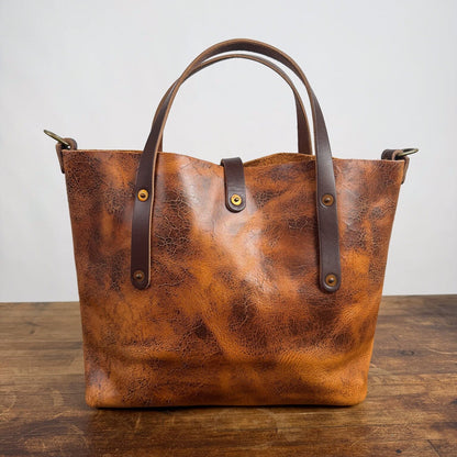 AVERY LEATHER TOTE BAG - SMALL - PEANUT BISON - BUTTON STUD - D-RINGS - 5" DROP - NEARLY PERFECT - IN STOCK