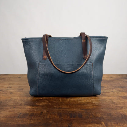 AVERY LEATHER TOTE BAG - MEDIUM - SMOKEY BLUE - LARGE FRONT POCKET - HEMMED POCKET - NEARLY PERFECT - IN STOCK