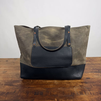 AVERY WAXED CANVAS TOTE BAG - LARGE - FIELD TAN - BLACK LEATHER - FRONT POCKET - HIDDEN SNAPS - NEARLY PERFECT - IN STOCK
