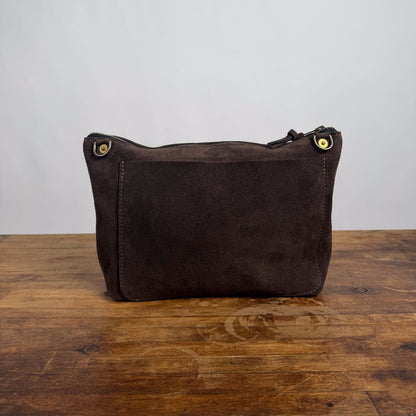 LEATHER ZIPPERED POUCH WITH GUSSET WITH D-RINGS - LARGE - CHOCOLATE SUEDE - BACK POCKET - NEARLY PERFECT - IN STOCK