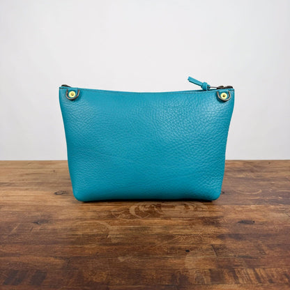 LEATHER ZIPPERED POUCH WITH GUSSET - LARGE - TURQUOISE - FRONT POCKET - D-RINGS - IN STOCK