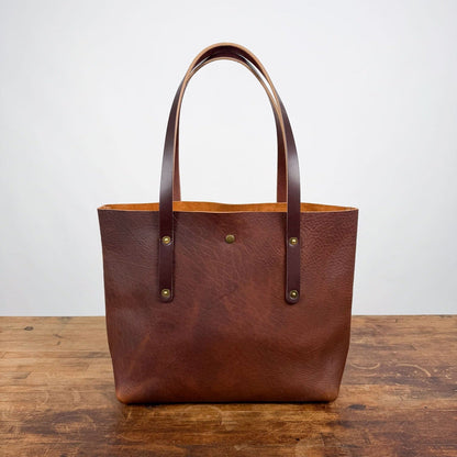 AVERY LEATHER TOTE BAG - MEDIUM  - SADDLE - MOCHA STRAPS - SNAP CLOSURE - IN STOCK