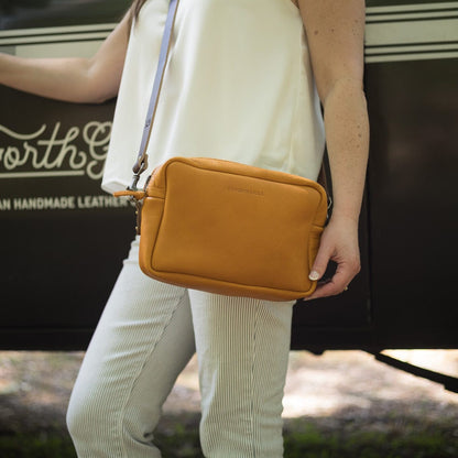 SARAH LEATHER CROSSBODY - MUSTARD YELLOW - HEMMED BACK POCKET - IN STOCK