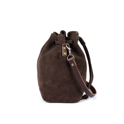 ABBY LEATHER BUCKET BAG - CHOCOLATE SUEDE - IN STOCK