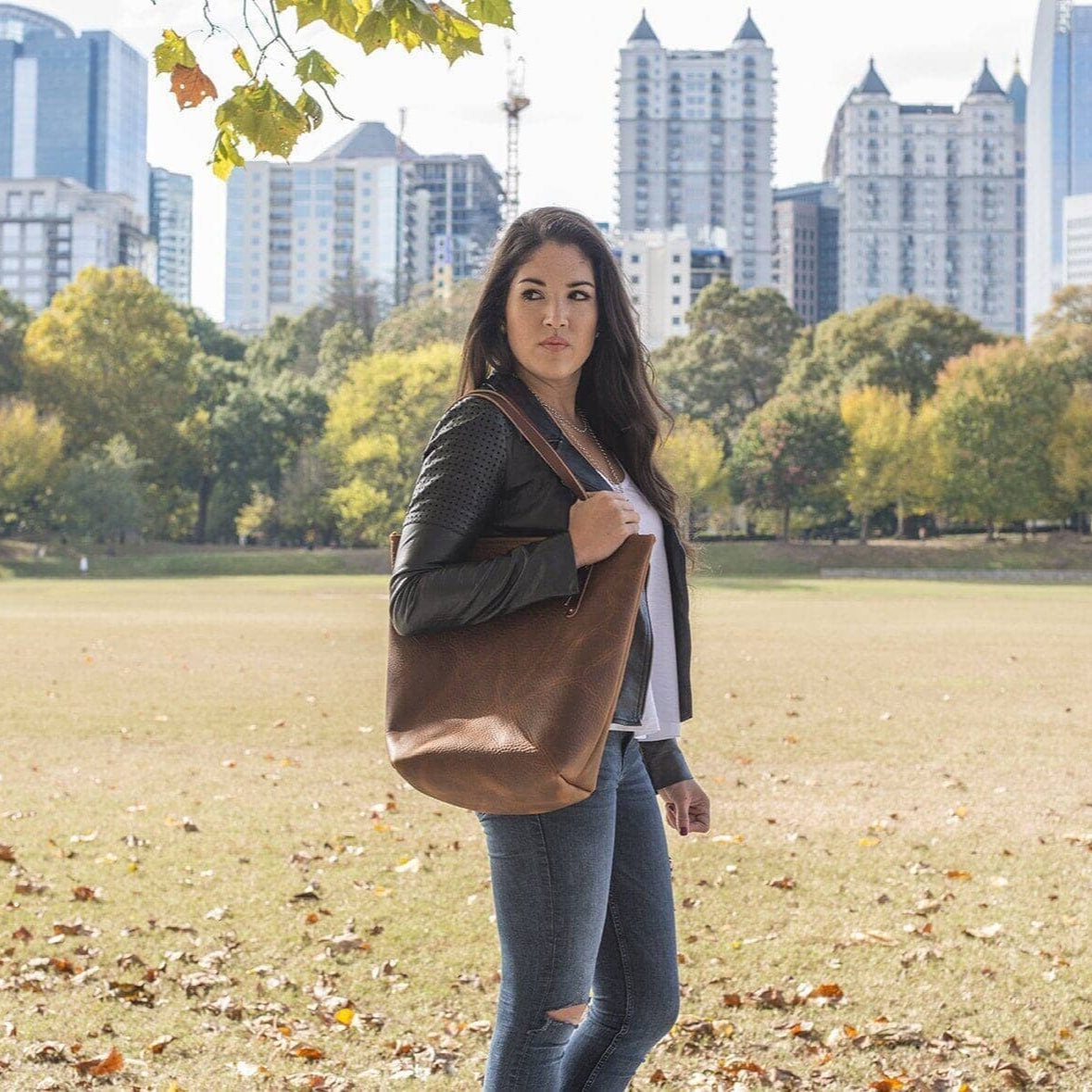 AVERY LEATHER TOTE BAG - SLIM LARGE - OLIVE