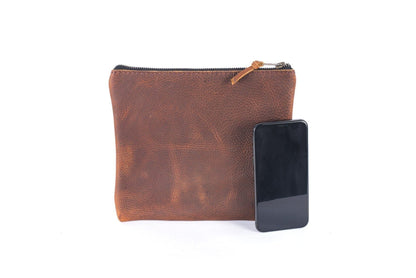 LEATHER TOP ZIPPER POUCH - OCEAN BLUE