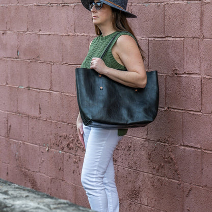 AVERY LEATHER TOTE BAG - LARGE - BLACK BISON