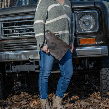 FELICITY ZIPPERED CLUTCH WITH WRISTLET - LARGE - CHARCOAL BISON