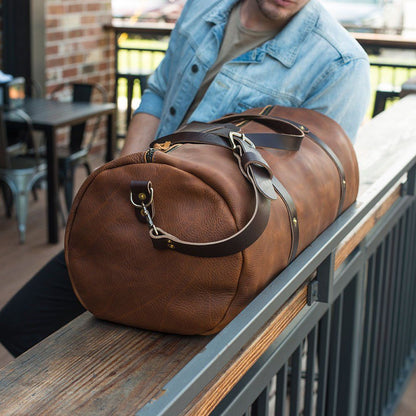 WILLIAM LEATHER DUFFLE BAG - OLIVE - SADDLE STRAPS - IN STOCK